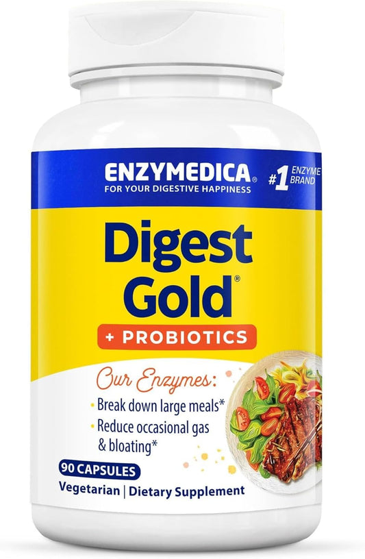 Enzymedica Digest Gold + Probiotics: 2-in-1 Gut Health Formula with Digestive Enzymes and 1.5 Billion Probiotic Cultures, 90 Capsules