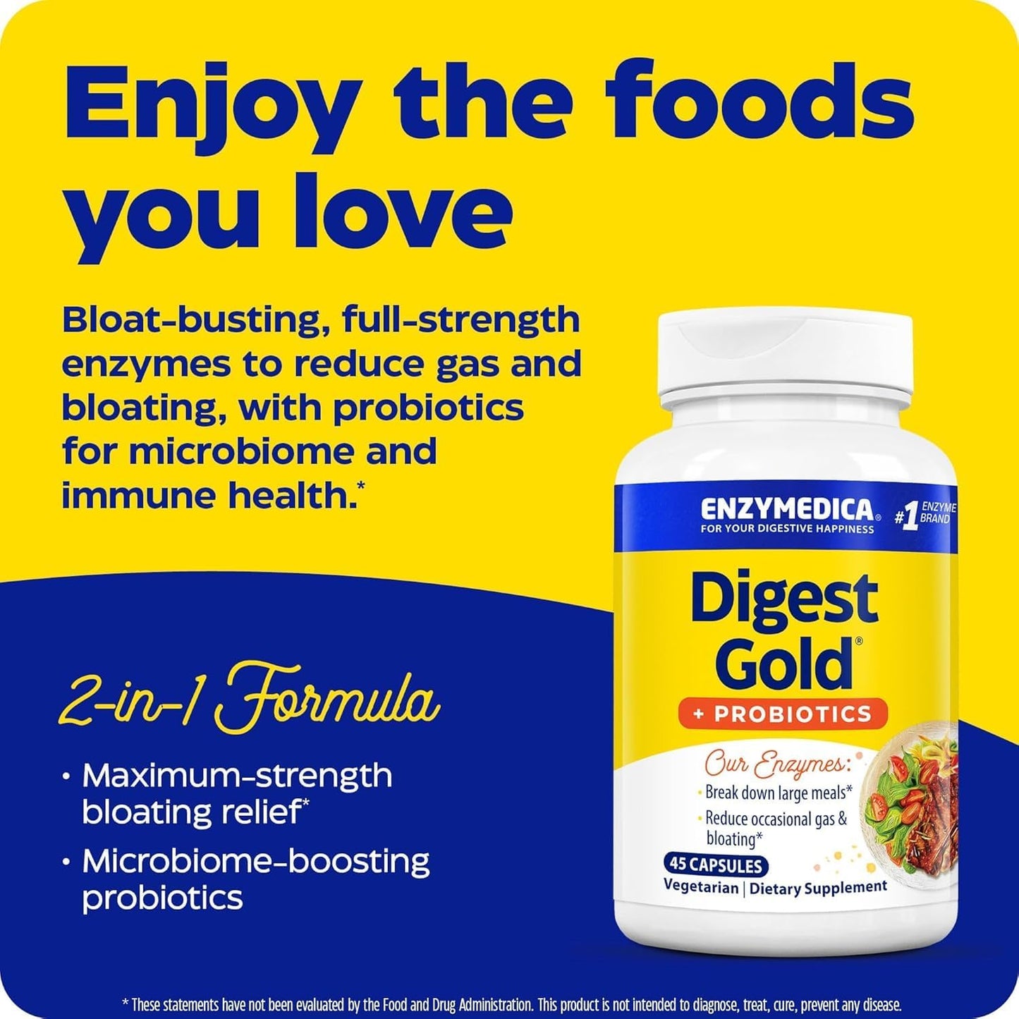 Enzymedica Digest Gold + Probiotics Capsules, 45 Count, 2-in-1 Gut Health Formula with Digestive Enzymes & Active Probiotic Cultures