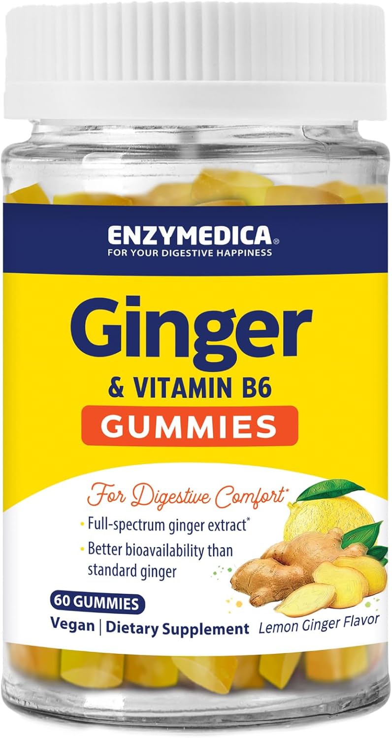 Enzymedica Ginger and Vitamin B6 Gummies - High Potency Support for Nausea and Indigestion - 60 Count