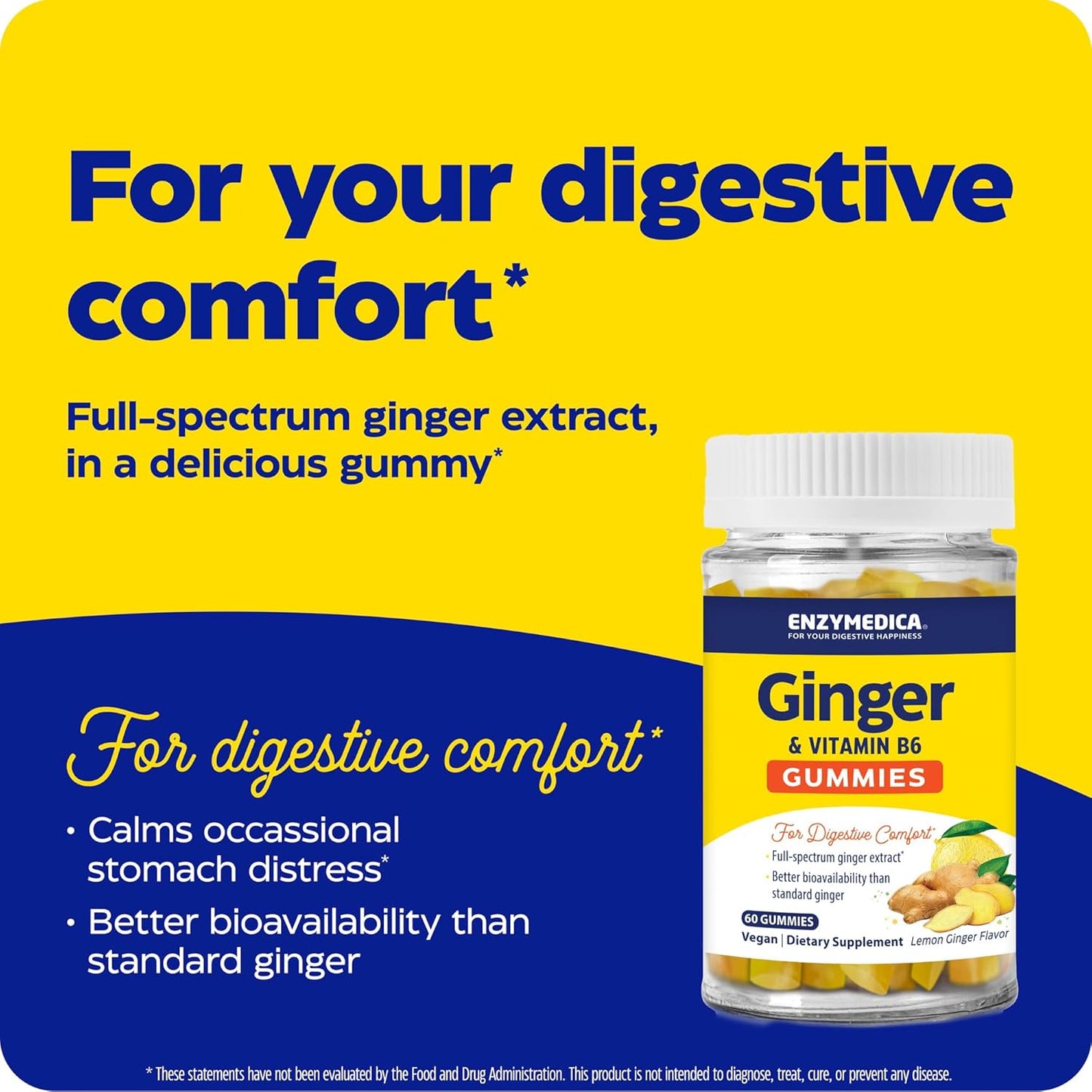 Enzymedica Ginger and Vitamin B6 Gummies - High Potency Support for Nausea and Indigestion - 60 Count