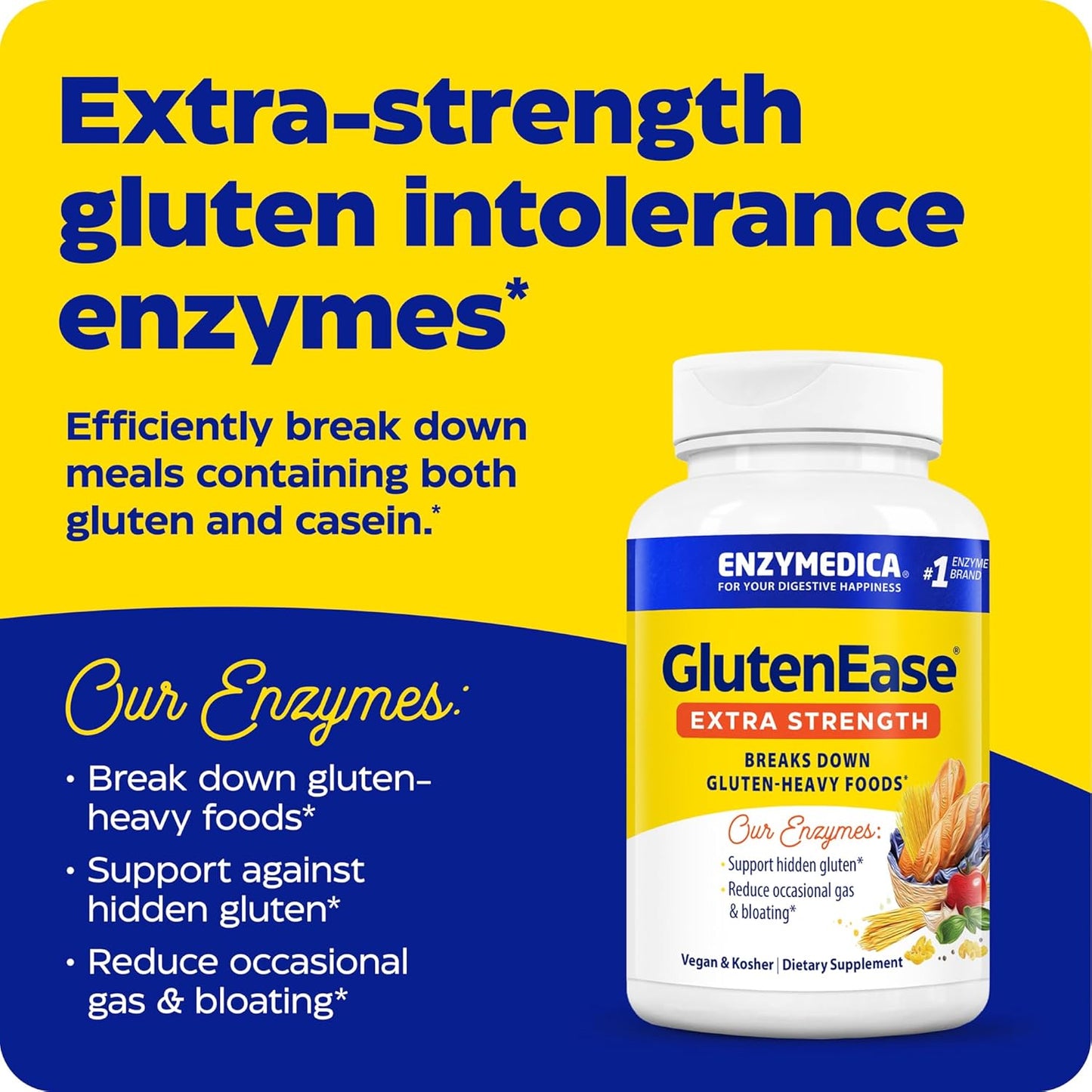 Enzymedica GlutenEase Extra Strength Digestive Enzymes - Supports Gluten & Casein Intolerance - 60 Count