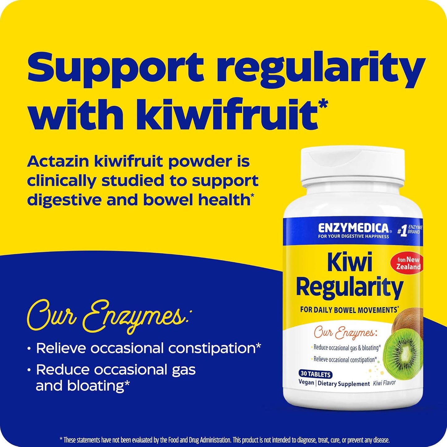 Enzymedica Kiwi Regularity Supplement for Bowel Health - 30 Count Tablets to Relieve Constipation, Gas, and Bloating