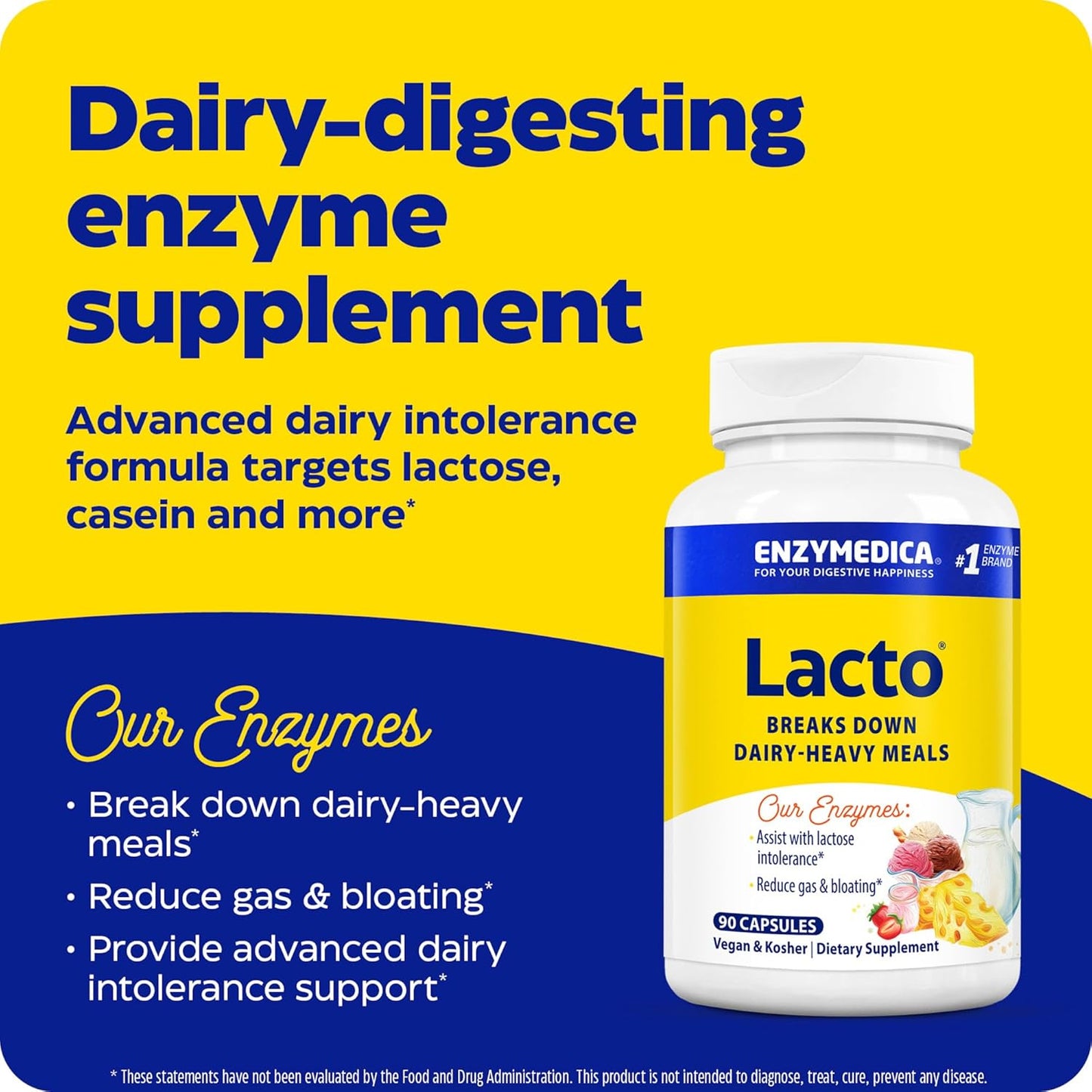 Enzymedica Lacto Digestive Enzymes - Fast-Acting Relief for Gas & Bloating - 90 Count Pack - Frustration-Free Packaging