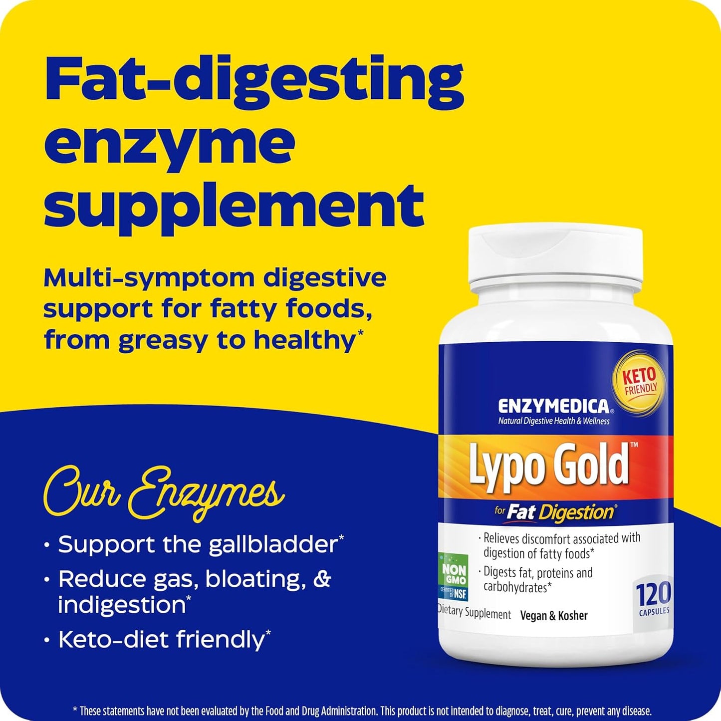 Enzymedica Lypo Gold Digestive Enzymes - Fast-Acting Relief for Gas & Bloating - 120 Count