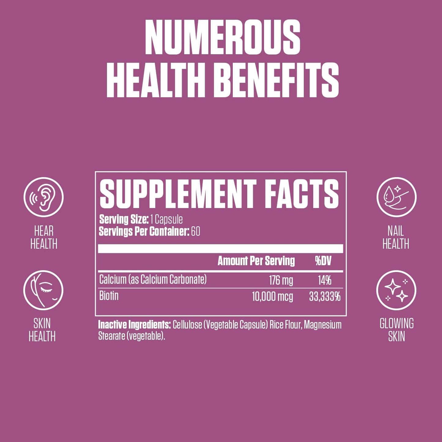 EPN Supplements Biotin Pure 10,000 MCG + Calcium | High Potency Biotin B7 Pills for Hair, Skin & Nails | Vegan Capsules for Men & Women - 60 Servings