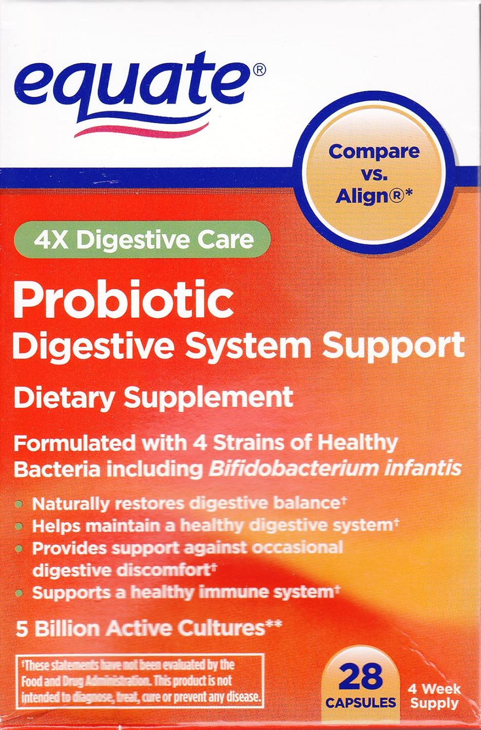 Equate Probiotic Capsules for Digestive System Support - 4X Digestive Care, 28 Count (Compare to Align)