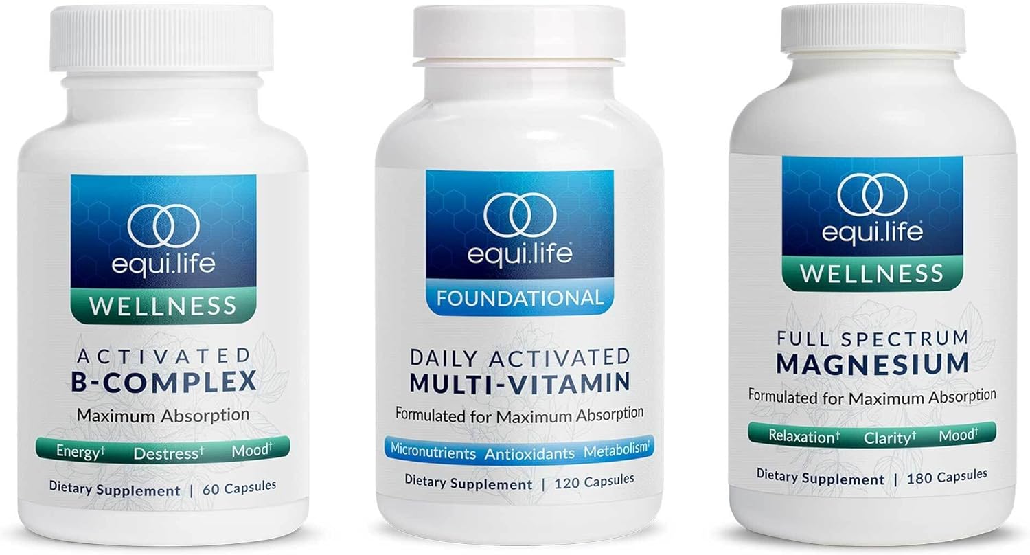 Equilife Daily Nutrition Bundle: Activated B Complex, Full Spectrum Magnesium, Multi-Vitamin - 60 ct, 180 ct, 30 Servings