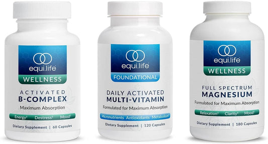 Equilife Daily Nutrition Bundle: Activated B Complex, Full Spectrum Magnesium, Multi-Vitamin - 60 ct, 180 ct, 30 Servings