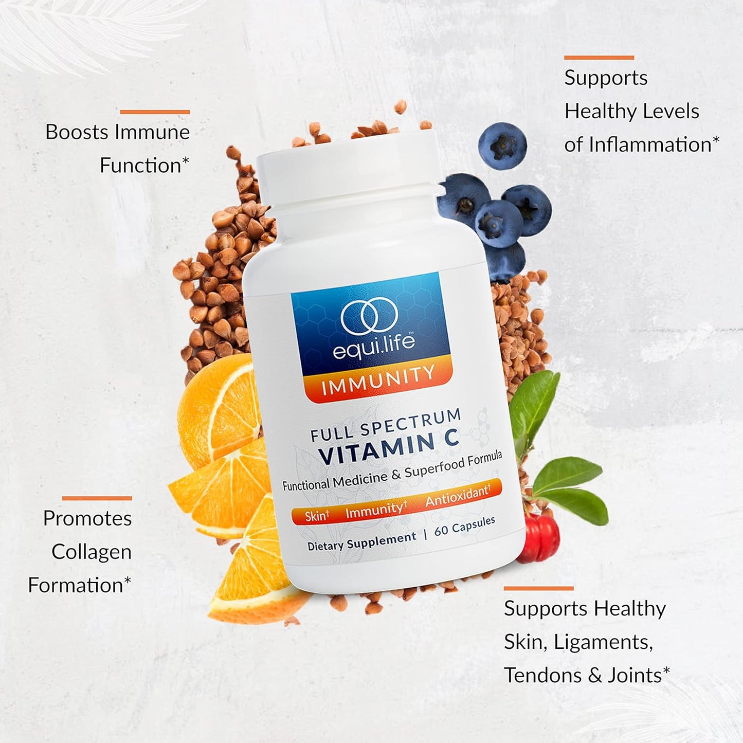 Equilife Full Spectrum Vitamin C Capsules - Immune Support & Antioxidant Supplement for Skin Moisture & Irritation Relief (60 Count)
