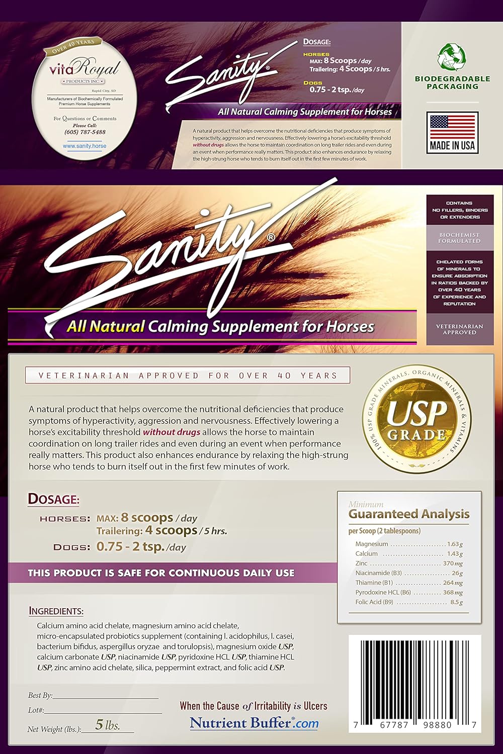 Equine Calming Focus Supplement with Magnesium, Calcium, Zinc, B Vitamins, Amino Acids & Probiotics