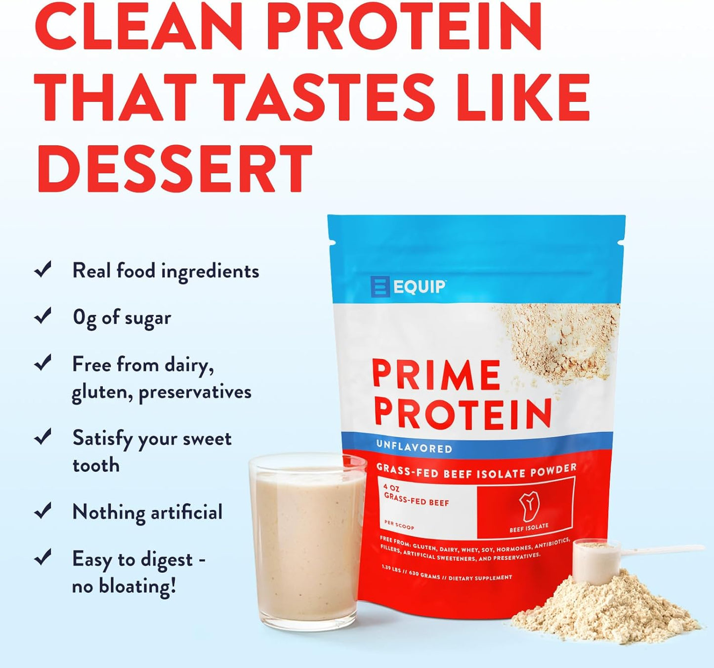 Equip Foods Prime Protein Powder | Grass-Fed Beef Isolate | Carnivore Protein Powder | Paleo & Keto Friendly | Gluten & Dairy Free | Supports Tissue Growth | 30 Servings, Unflavored