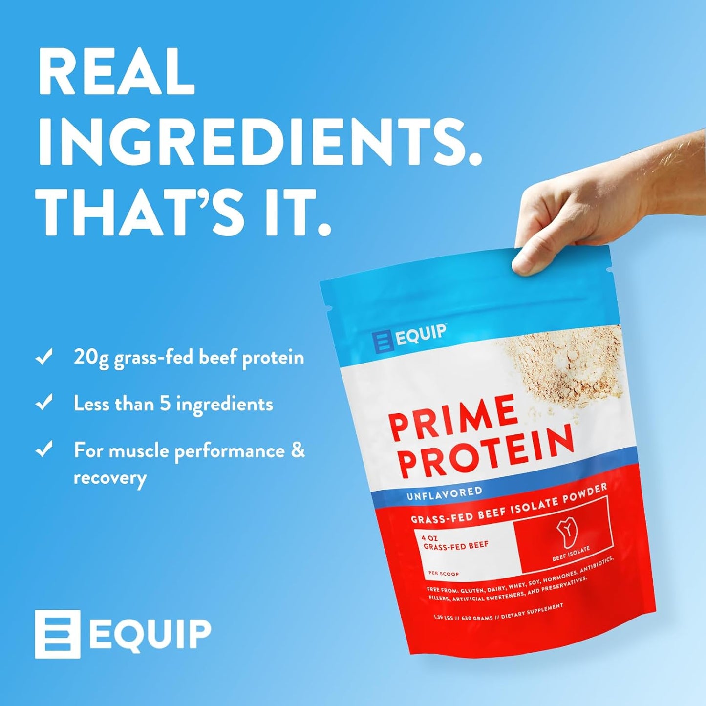 Equip Foods Prime Protein Powder | Grass-Fed Beef Isolate | Carnivore Protein Powder | Paleo & Keto Friendly | Gluten & Dairy Free | Supports Tissue Growth | 30 Servings, Unflavored