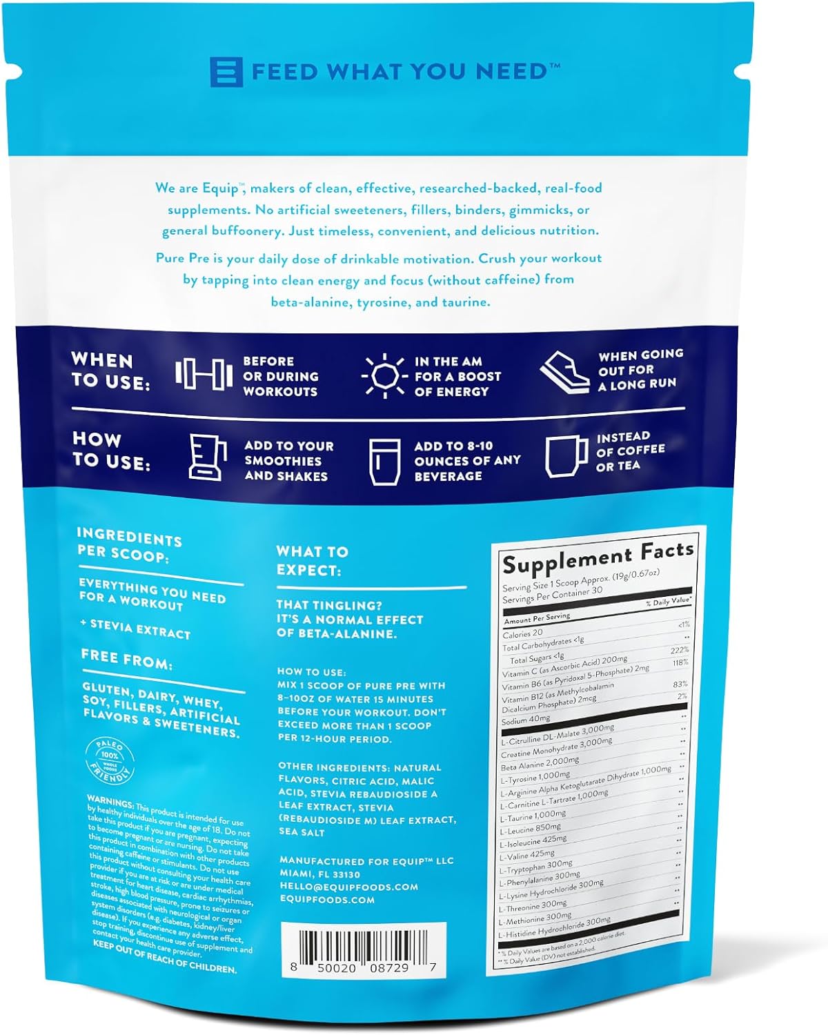 Equip Foods Pure Pre All Natural Pre-Workout Powder | Caffeine-Free Energy Booster with Essential Amino Acids, Vitamins, and Antioxidants | Enhances Workout Performance | 30 Servings, BlackBerry Lemon Flavor