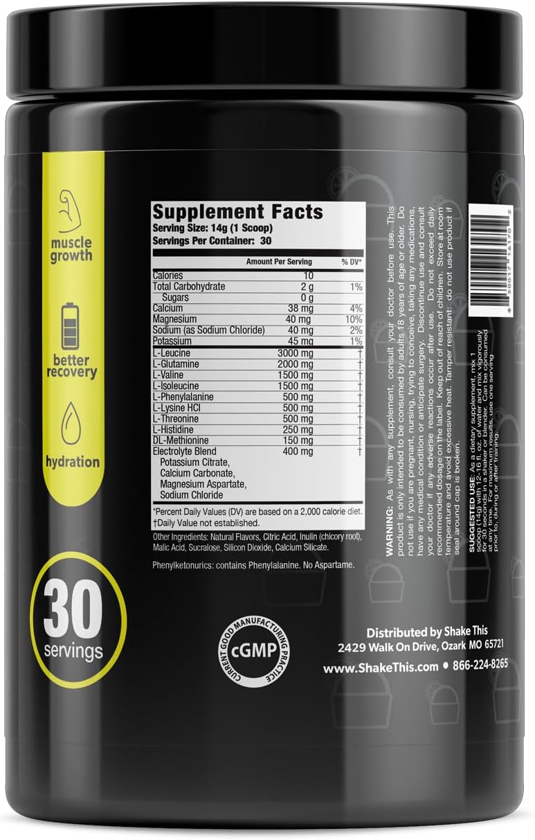 ES FIT Amino Powder with Electrolytes - BCAA 2:1:1 Ratio, Amino Acids, Lemon Ice Flavor - Pre and Post Workout Supplement, 30 Servings