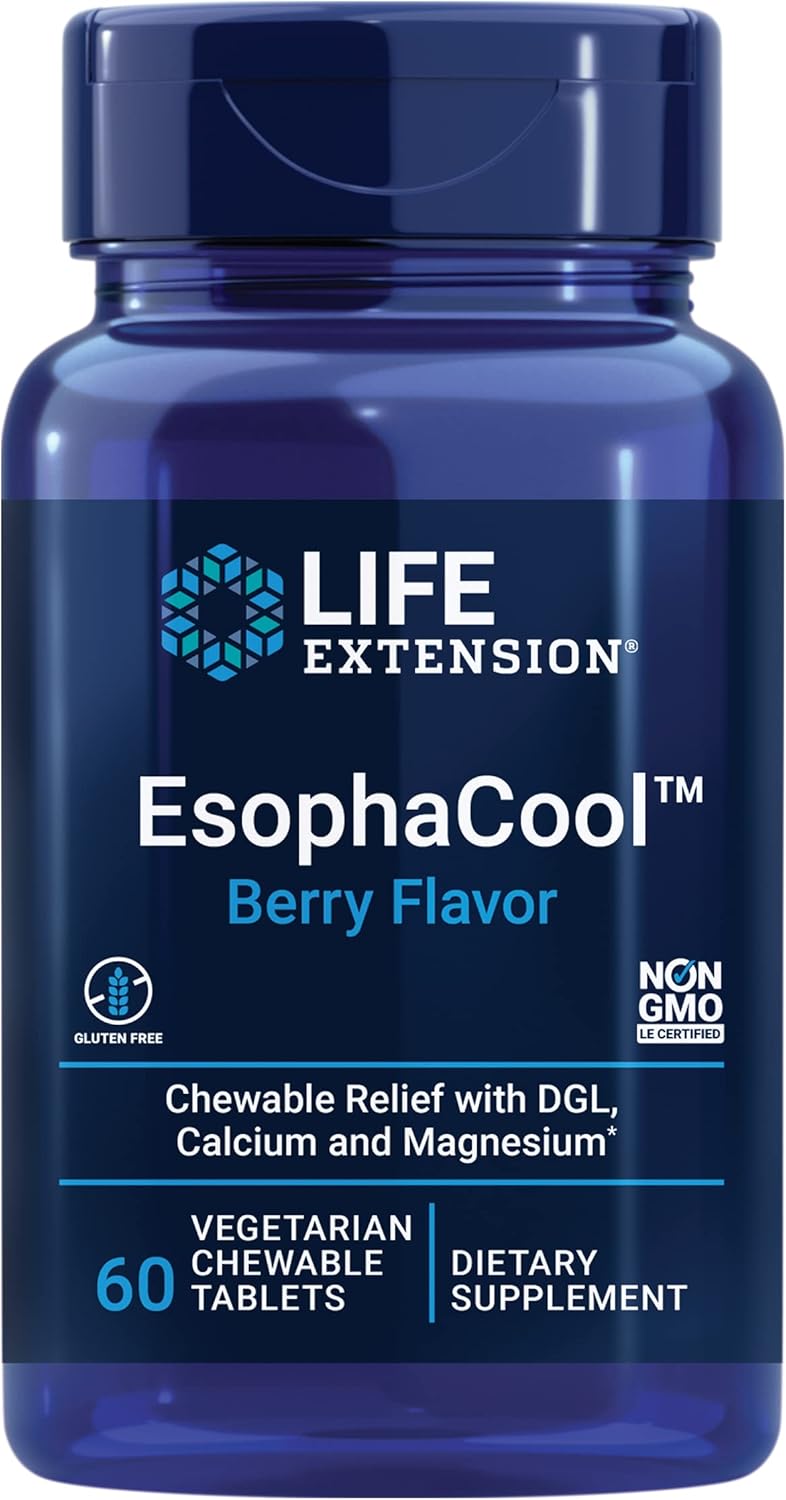 EsophaCool Chewable Tablets for Healthy Digestion & Gut Health: Calcium, Magnesium, DGL Licorice Root Extract - Gluten-Free - 60 Tablets