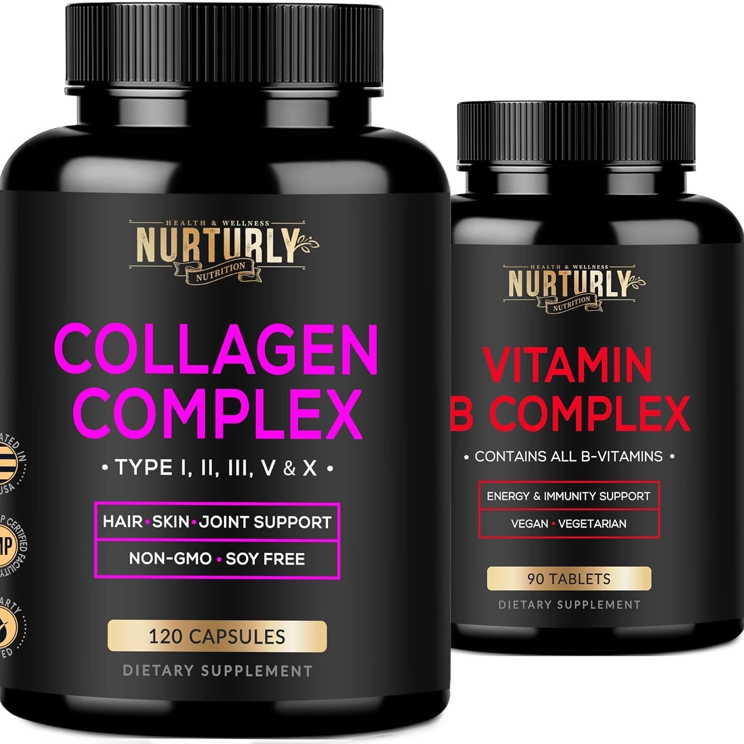 Essential B Vitamins & Collagen Peptides Powder Capsules - NURTURLY Multi Vitamin Complex with Biotin & Hydrolyzed Collagen - B1, B2, B3, B5, B6, B7, B9, B12