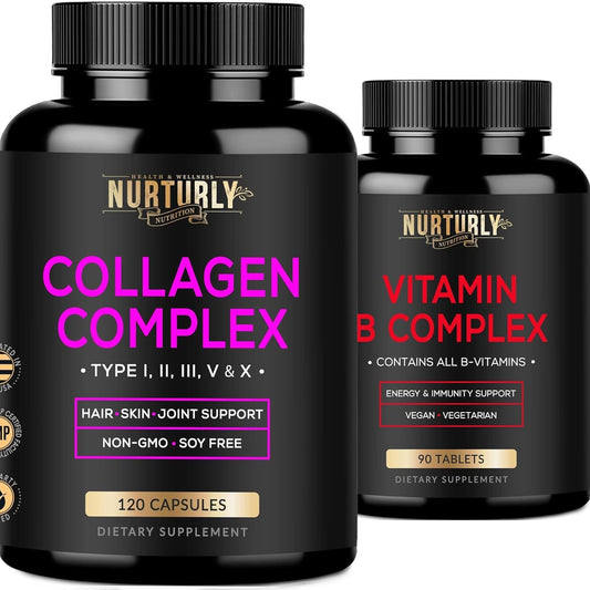Essential B Vitamins & Collagen Peptides Powder Capsules - NURTURLY Multi Vitamin Complex with Biotin & Hydrolyzed Collagen - B1, B2, B3, B5, B6, B7, B9, B12