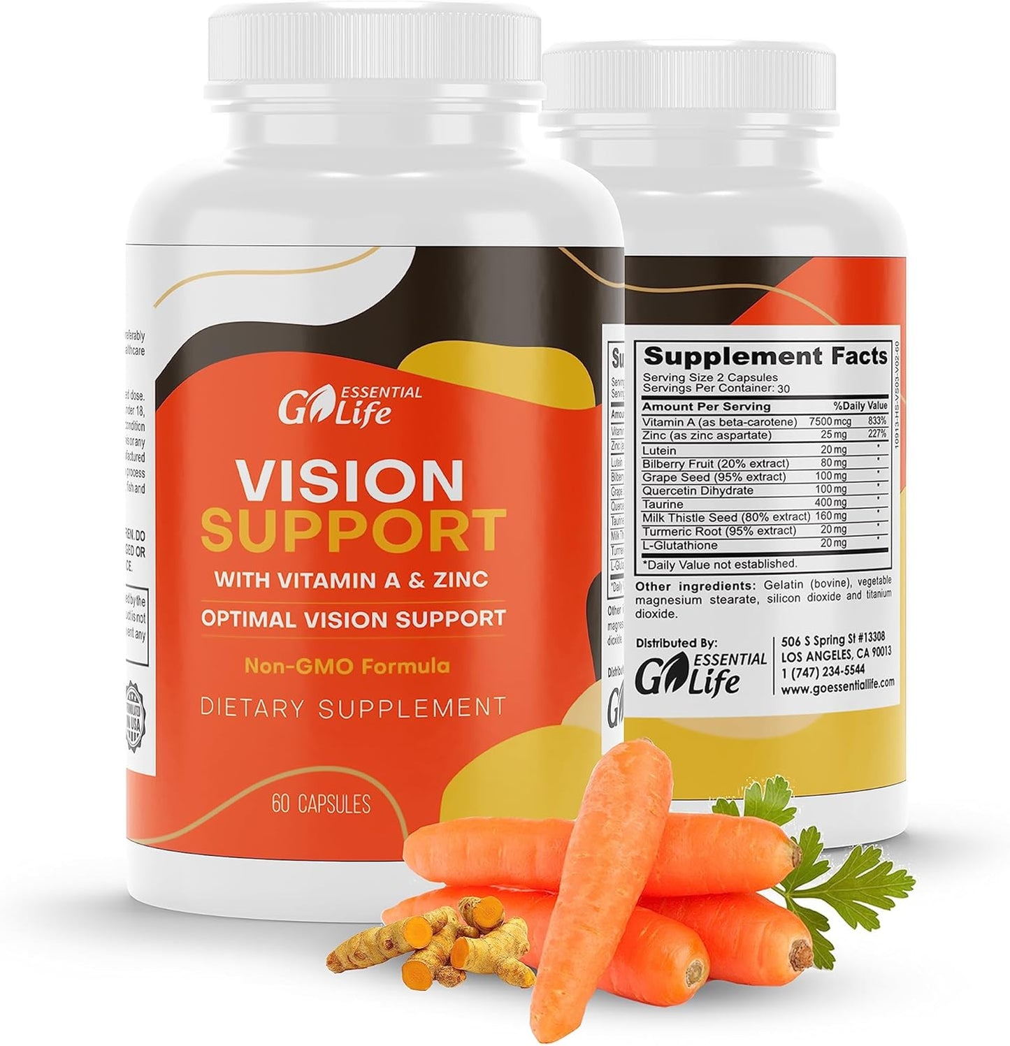 Essential Eye Care Supplement with Zinc, Vitamin A, Bilberry, Turmeric, Grape Seed Extract, Lutein 20mg - 60 Capsules for Vision Support and Eye Health