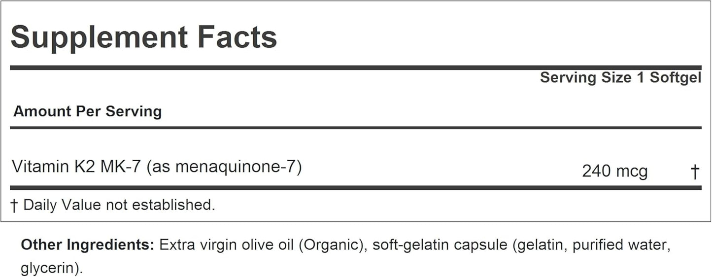 Essential Vitamin K2 MK7 Softgels 240 mcg - Promotes Bone, Heart, and Arterial Health, No Additives, Easy to Swallow