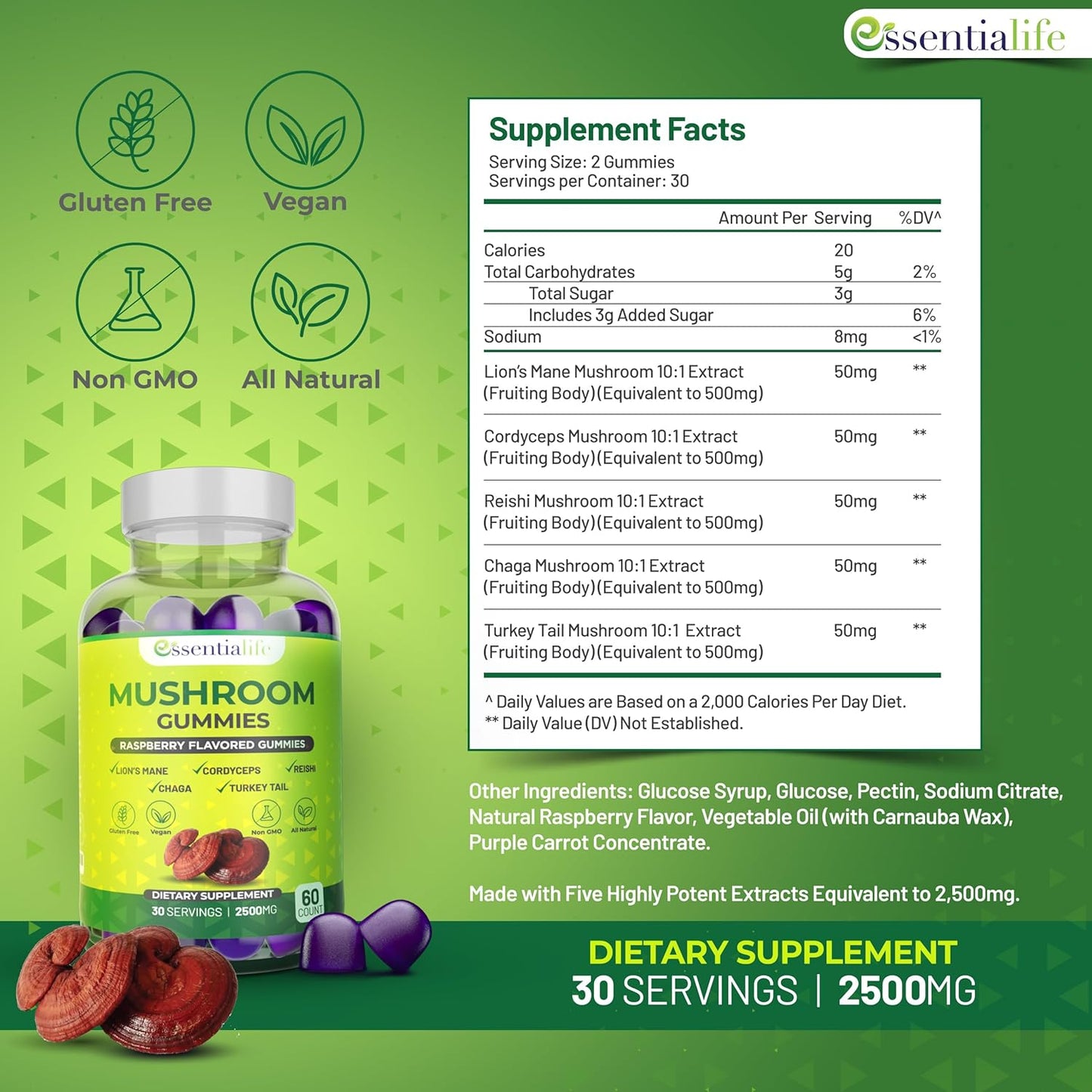 Essentialife Lions Mane Mushroom Gummies with 5 Immune Support Mushrooms - Brain Focus Supplement for Women and Men, Raspberry Flavor - 60 ct