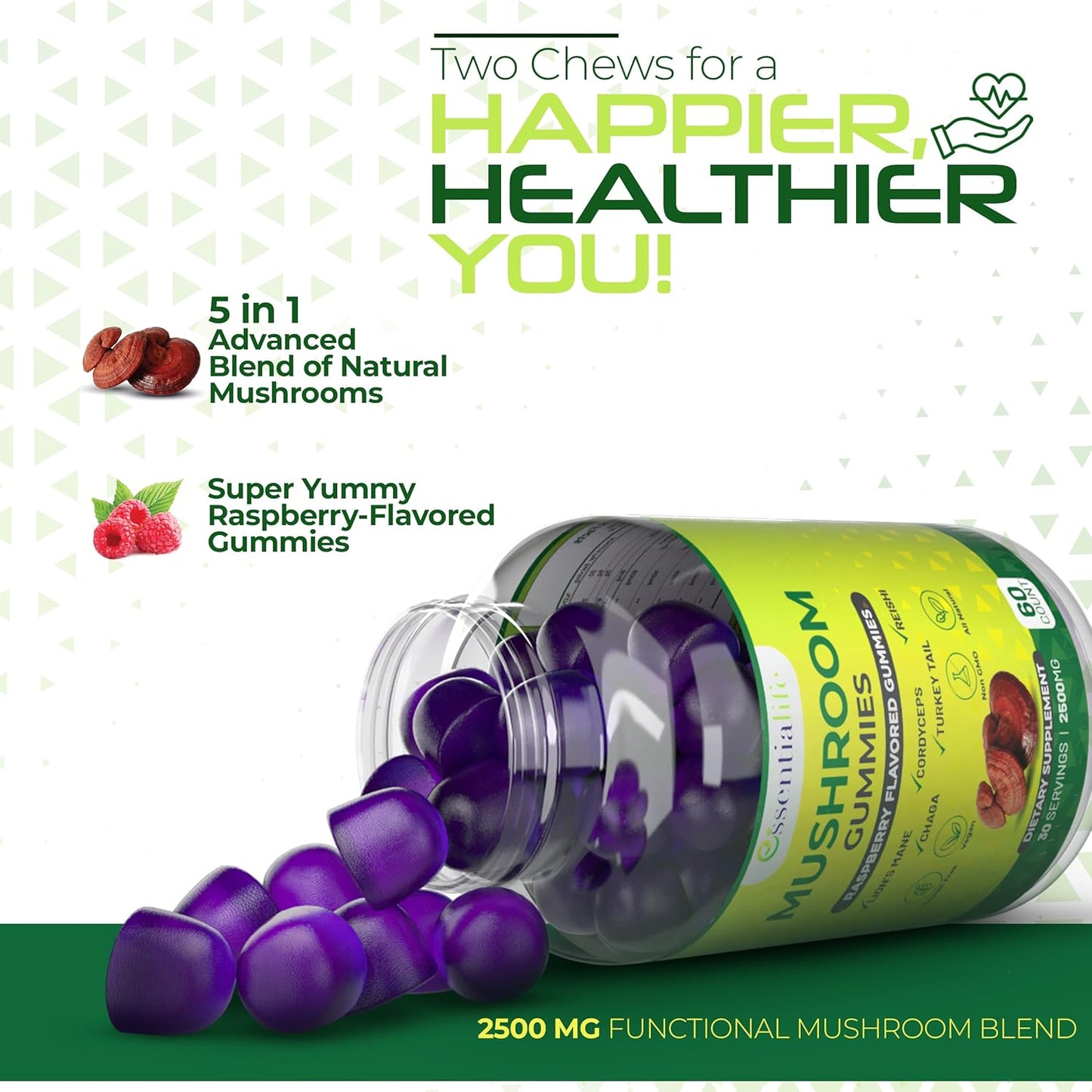 Essentialife Lions Mane Mushroom Gummies with 5 Immune Support Mushrooms - Brain Focus Supplement for Women and Men, Raspberry Flavor - 60 ct