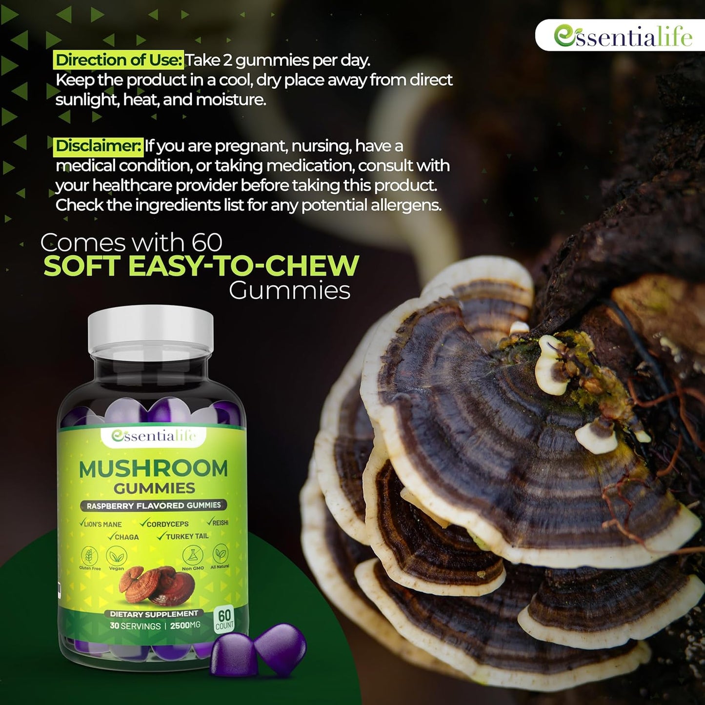 Essentialife Lions Mane Mushroom Gummies with 5 Immune Support Mushrooms - Brain Focus Supplement for Women and Men, Raspberry Flavor - 60 ct