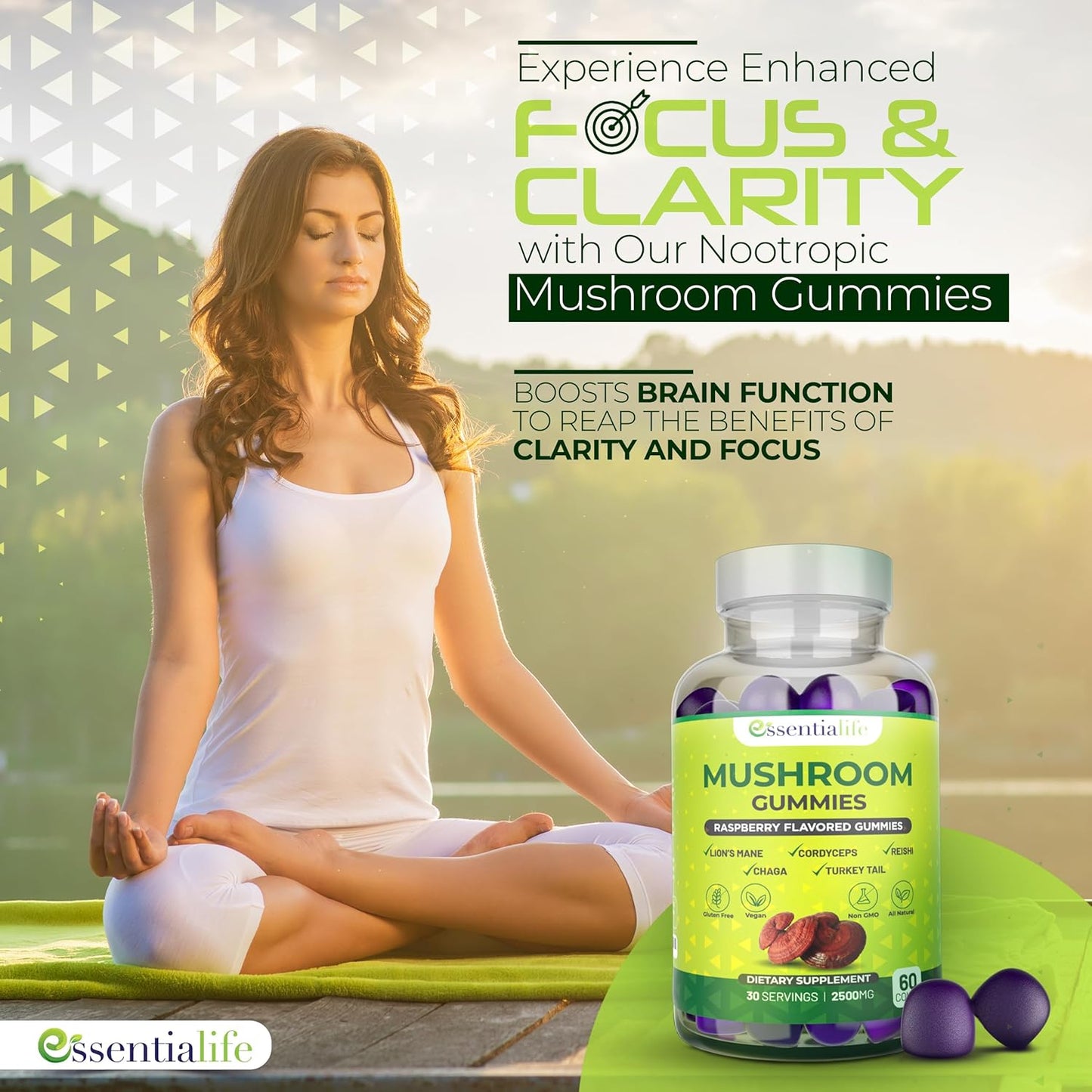 Essentialife Lions Mane Mushroom Gummies with 5 Immune Support Mushrooms - Brain Focus Supplement for Women and Men, Raspberry Flavor - 60 ct
