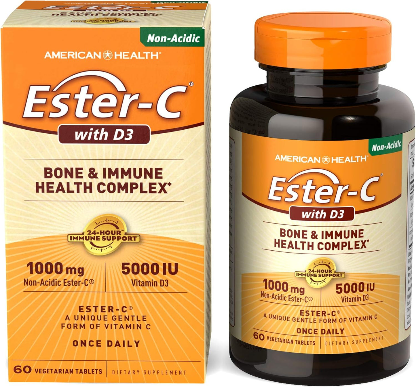 Ester-C EsterC with D3 Bone Immune Complex Vegetarian Tablets - 1000mg EsterC & 5000IU Vitamin D3 - 24 Hour Immune Support - Non-Acidic Vitamin C - 60 Count