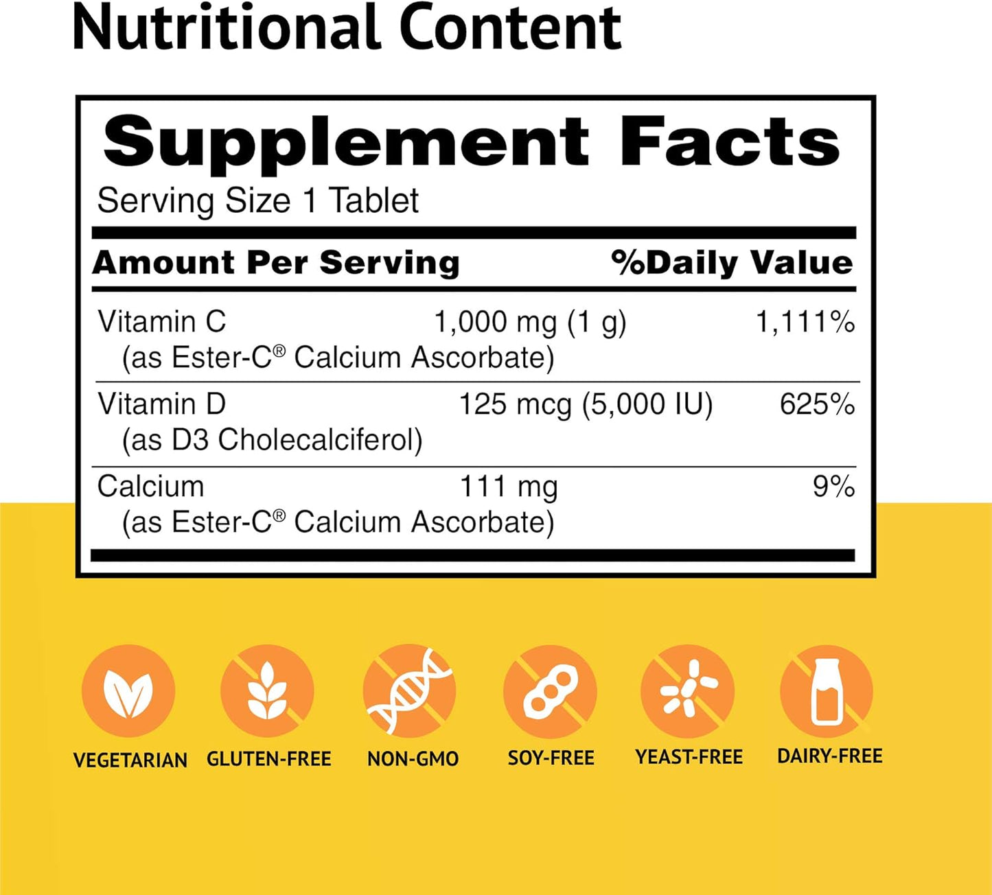 Ester-C EsterC with D3 Bone Immune Complex Vegetarian Tablets - 1000mg EsterC & 5000IU Vitamin D3 - 24 Hour Immune Support - Non-Acidic Vitamin C - 60 Count