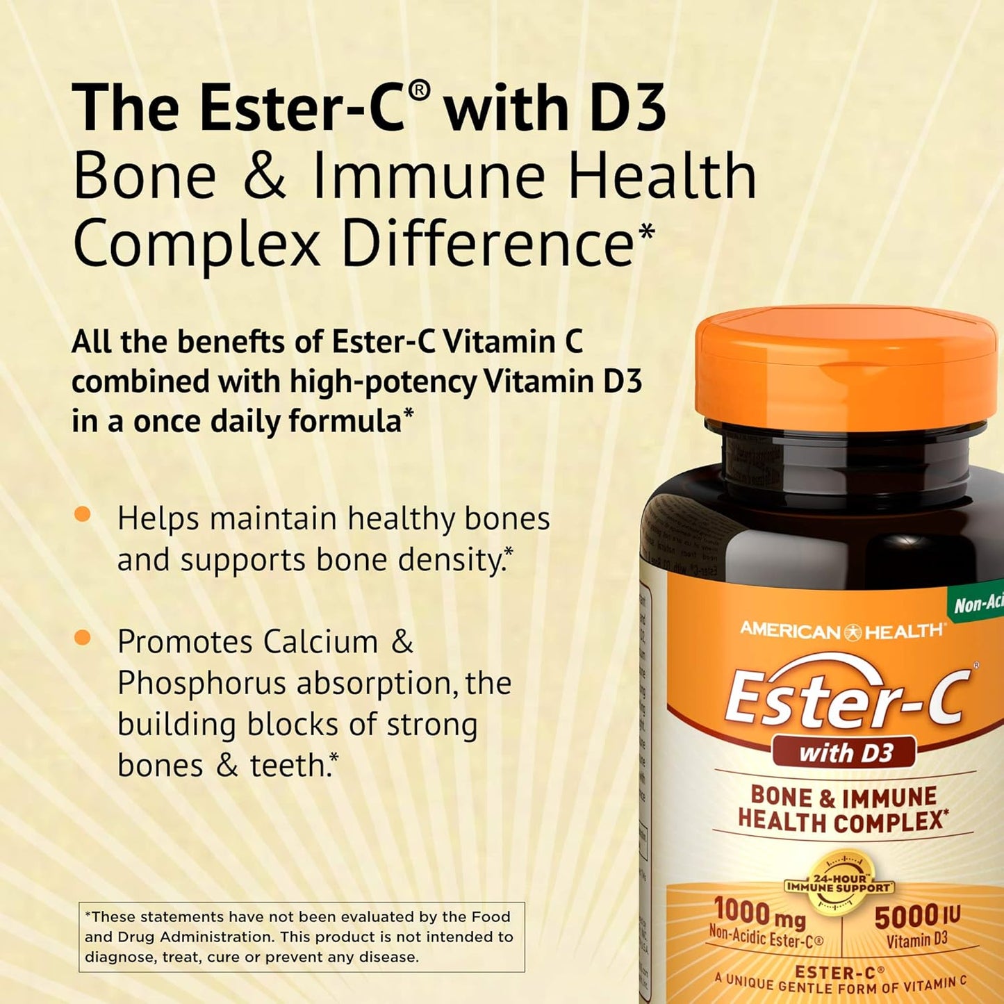 Ester-C EsterC with D3 Bone Immune Complex Vegetarian Tablets - 1000mg EsterC & 5000IU Vitamin D3 - 24 Hour Immune Support - Non-Acidic Vitamin C - 60 Count