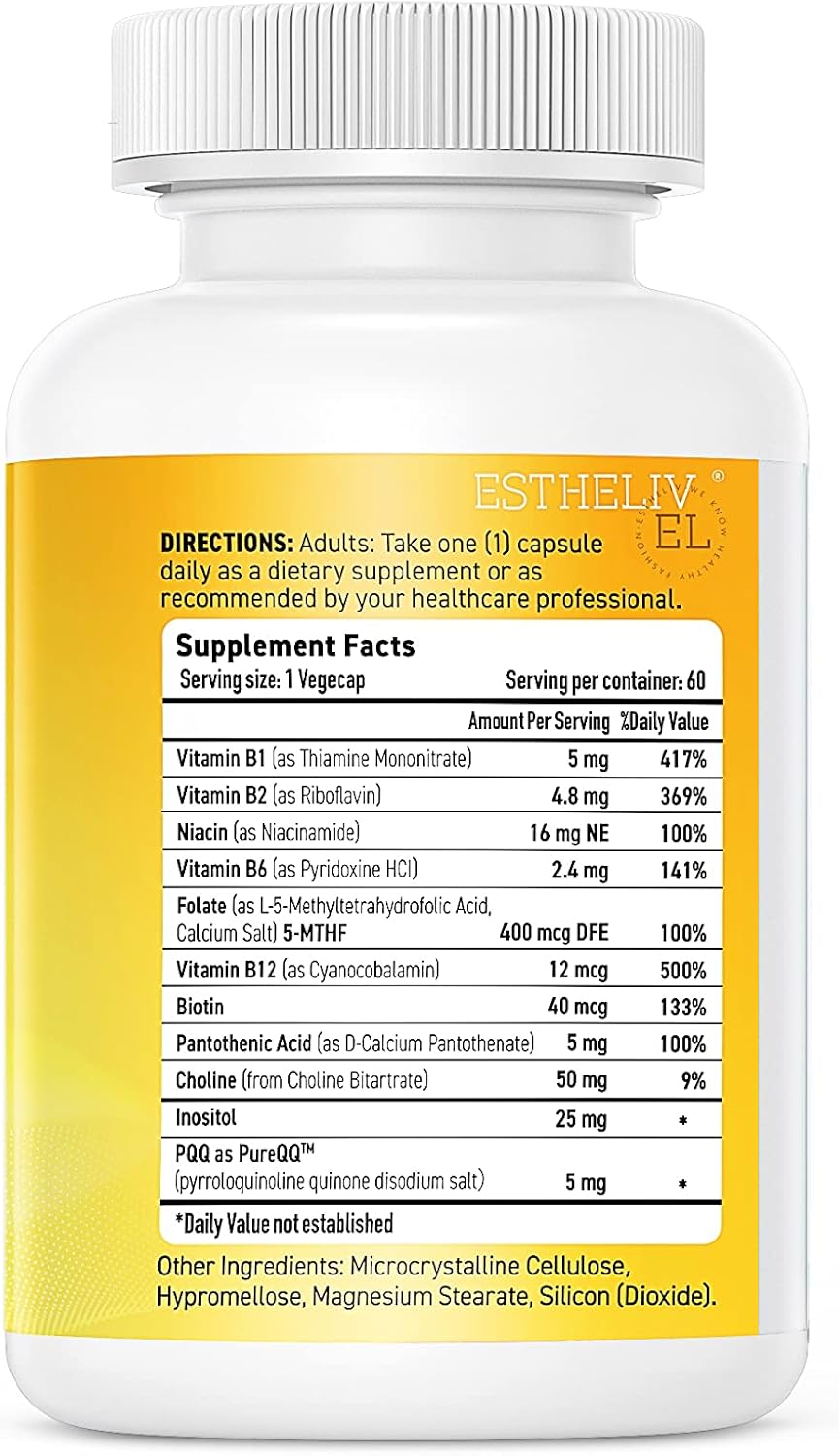 ESTHELIV® Super B Complex with PQQ - 60 Vegetarian Capsules for Energy and Cellular Health