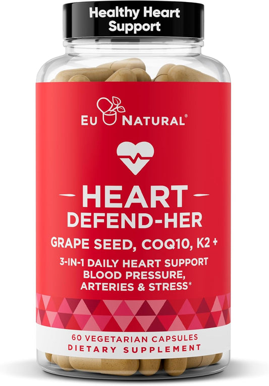 Eu Natural Heart Defend-Her Women's Heart Health Supplements with Grape Seed Extract, Vitamin K2 MK-7, and CoQ10 - Supports Blood Pressure, Artery, and Bone Strength - 60 Vegetarian Capsules - BoostGo Australia