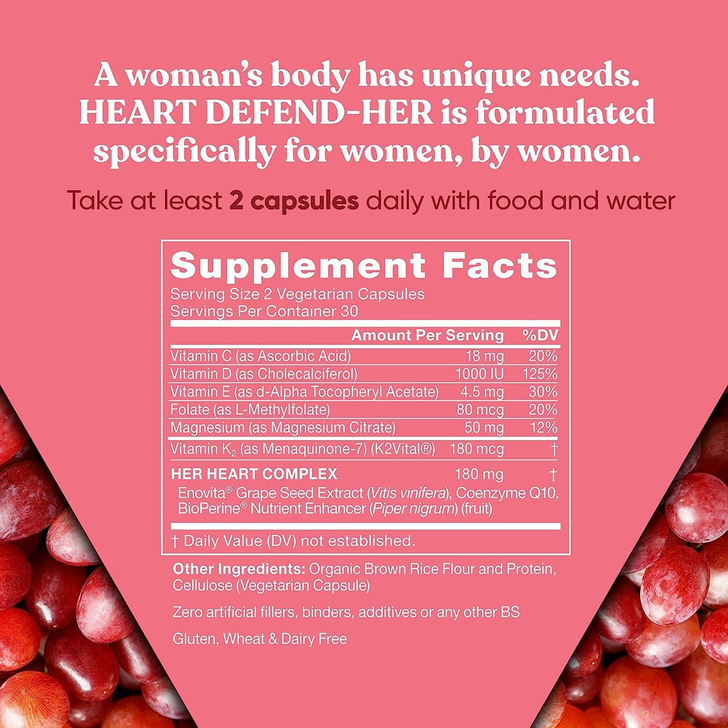 Eu Natural Heart Defend-Her Women's Heart Health Supplements with Grape Seed Extract, Vitamin K2 MK-7, and CoQ10 - Supports Blood Pressure, Artery, and Bone Strength - 60 Vegetarian Capsules - BoostGo Australia