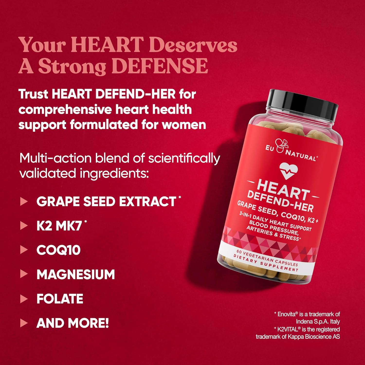 Eu Natural Heart Defend-Her Women's Heart Health Supplements with Grape Seed Extract, Vitamin K2 MK-7, and CoQ10 - Supports Blood Pressure, Artery, and Bone Strength - 60 Vegetarian Capsules - BoostGo Australia
