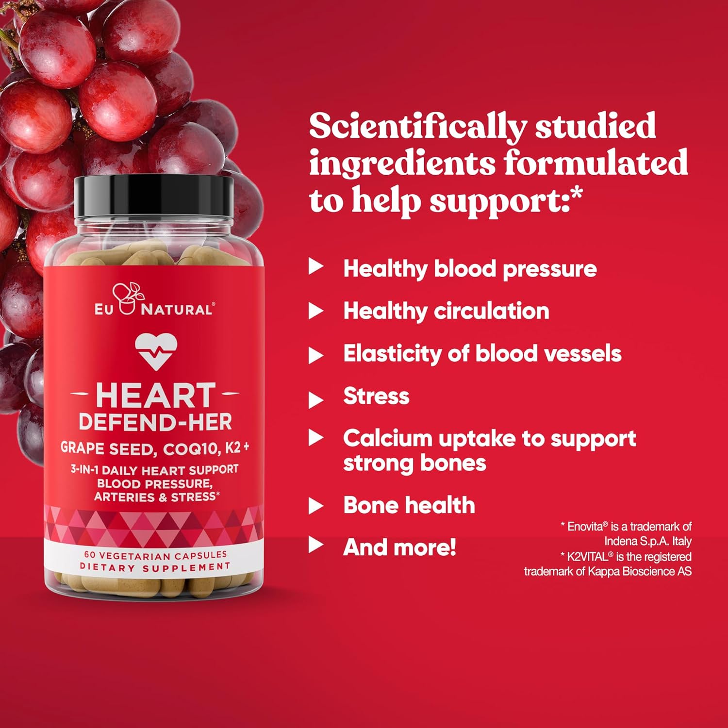 Eu Natural Heart Defend-Her Women's Heart Health Supplements with Grape Seed Extract, Vitamin K2 MK-7, and CoQ10 - Supports Blood Pressure, Artery, and Bone Strength - 60 Vegetarian Capsules - BoostGo Australia