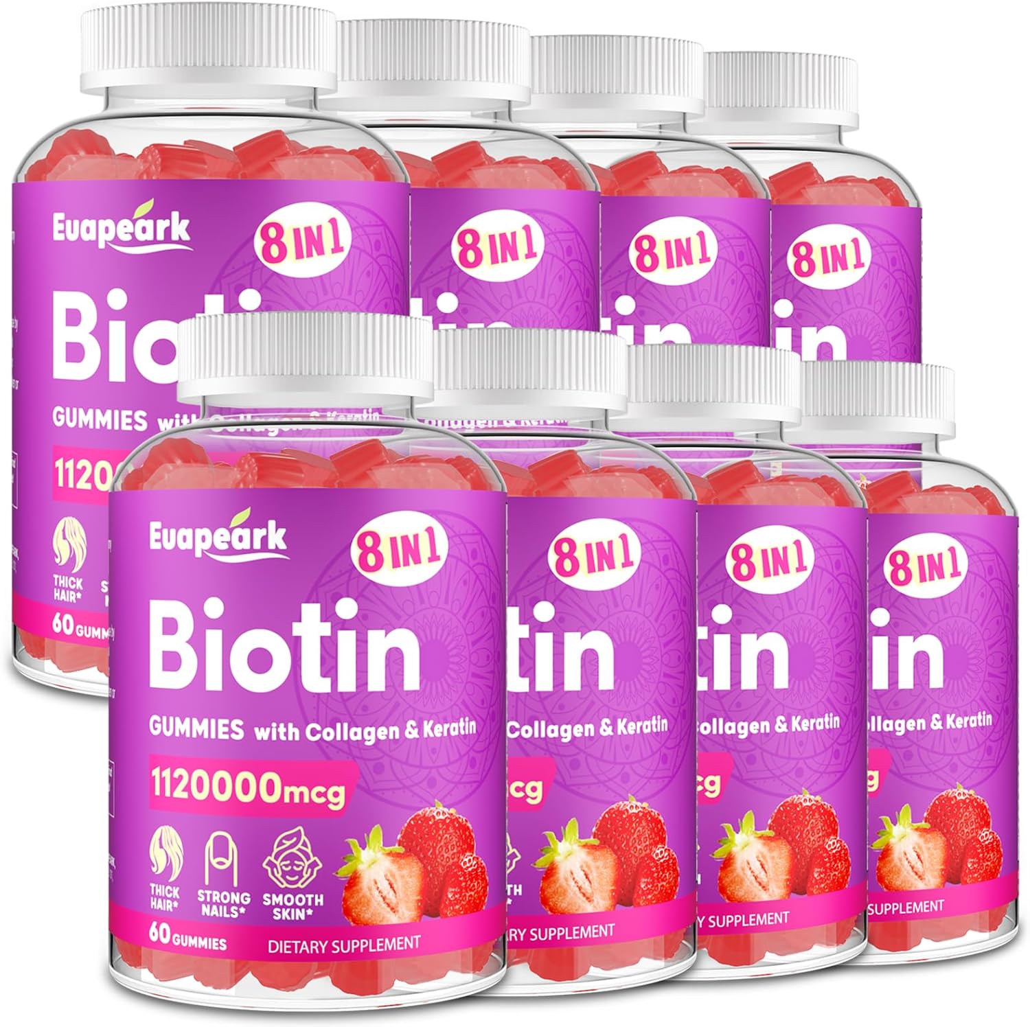 Euapeark 8-in-1 Organic Biotin Gummies for Hair, Skin & Nails - Max Strength Collagen, Keratin, Folic Acid & Vitamins - Sugar Free - 8 Packs