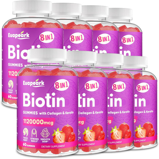 Euapeark 8-in-1 Organic Biotin Gummies for Hair, Skin & Nails - Max Strength Collagen, Keratin, Folic Acid & Vitamins - Sugar Free - 8 Packs