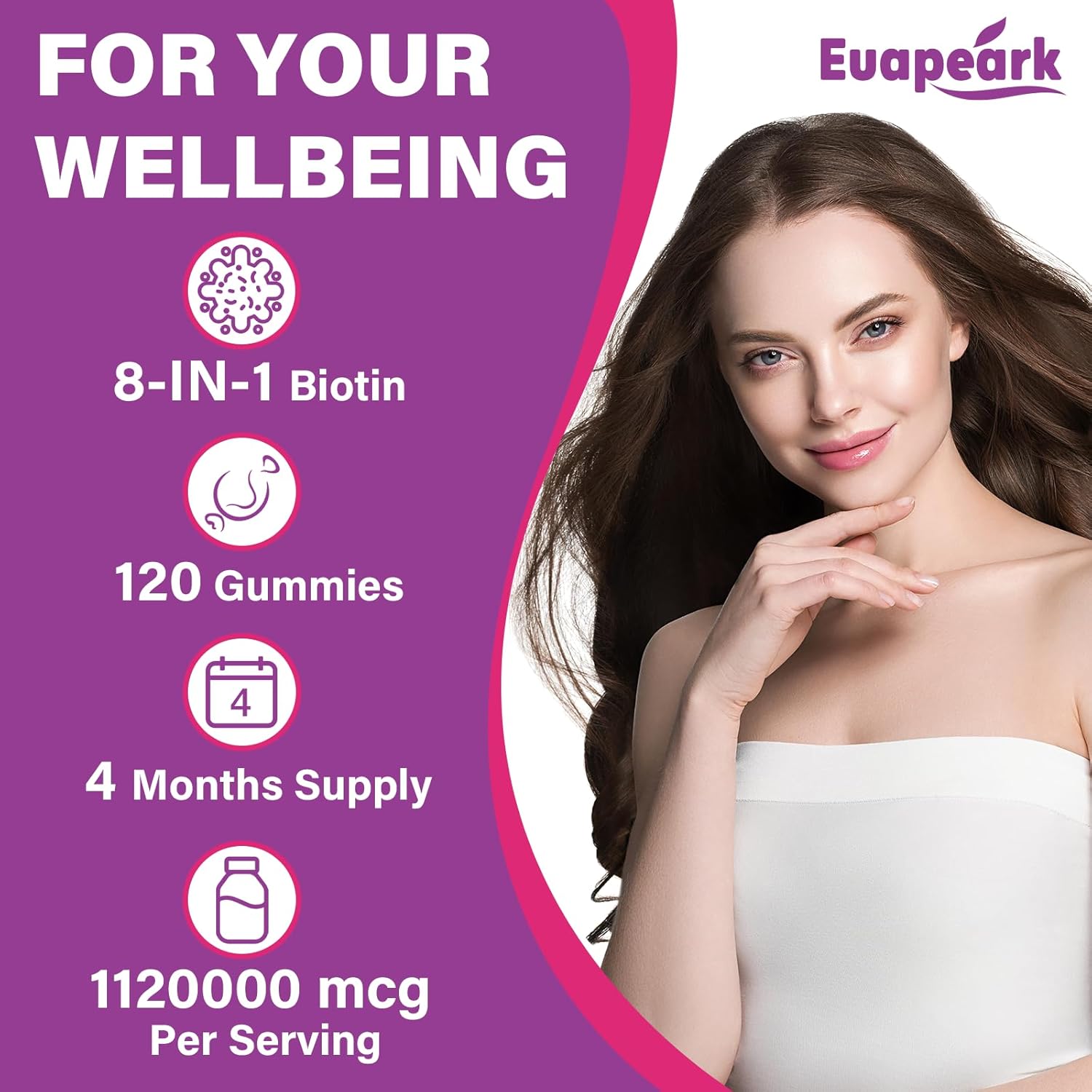 Euapeark 8-in-1 Organic Biotin Gummies for Hair, Skin & Nails - Max Strength Collagen, Keratin, Folic Acid & Vitamins - Sugar Free - 8 Packs