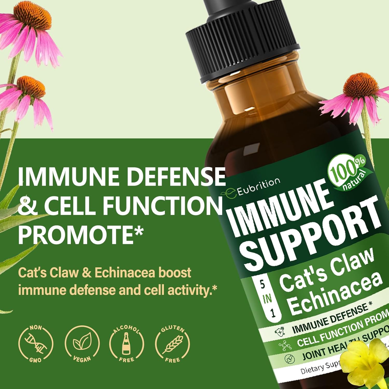 Eubrition Cat's Claw Herb Immune Support Liquid Drops with Echinacea, Lion's Mane, Reishi & Elderberry Extract - 2oz Immunity Boost Supplement