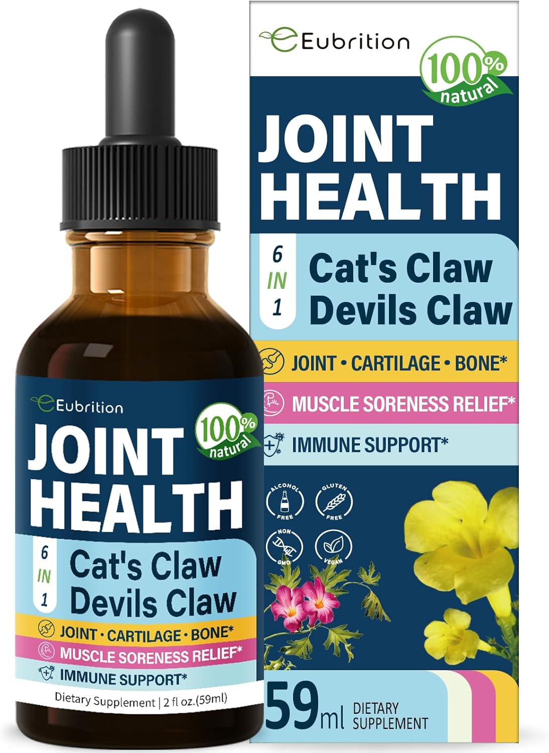 Eubrition Herbal Drops for Cats Claw & Devils Claw with Chondroitin, MSM, Curcumin Turmeric Extract - Muscle Soreness Relief & Immune Support - 2oz