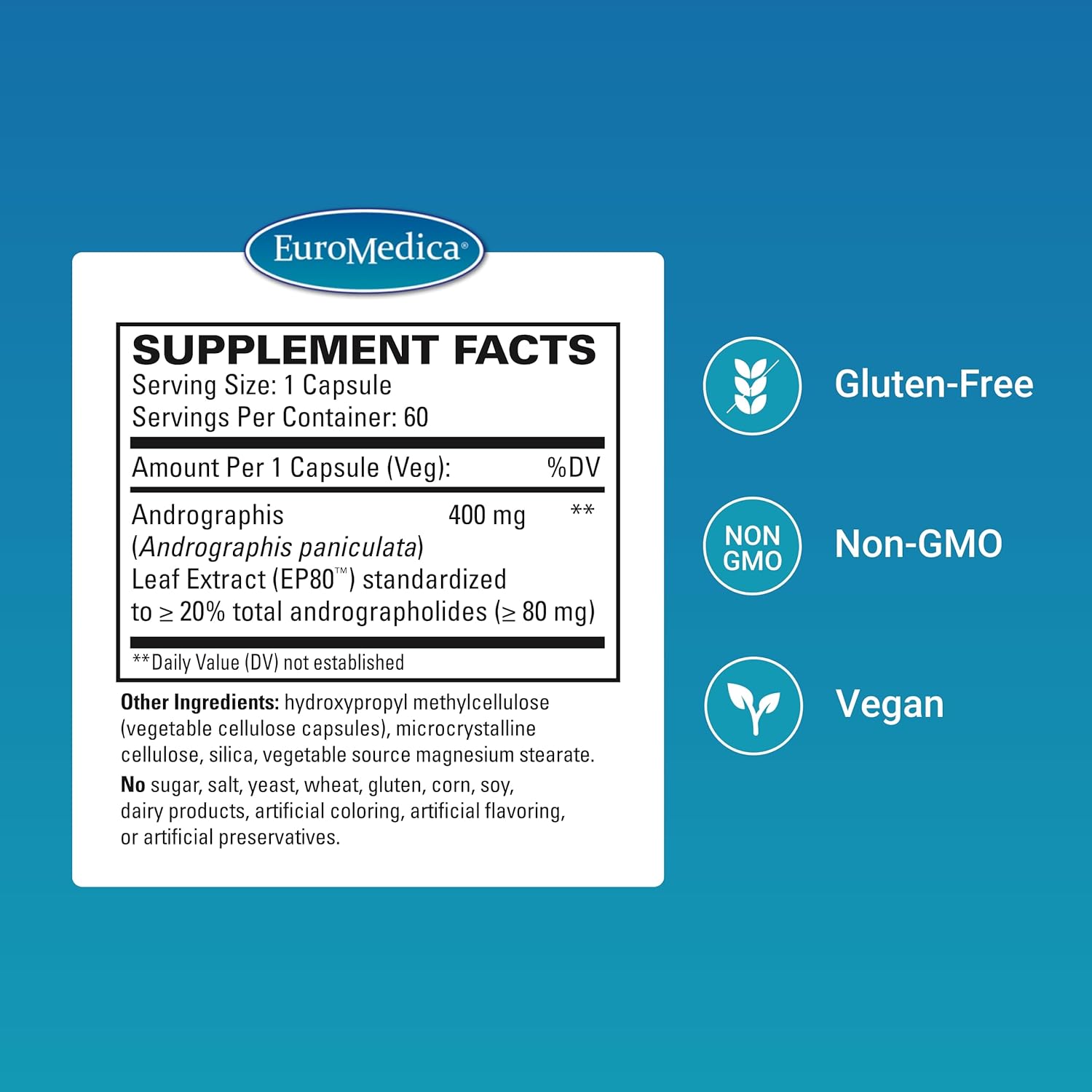 Euromedica Andrographis EP80 Capsules - Vegan Supplement for Brain, Immune, Joint, Energy, and Liver Health - 60 Count