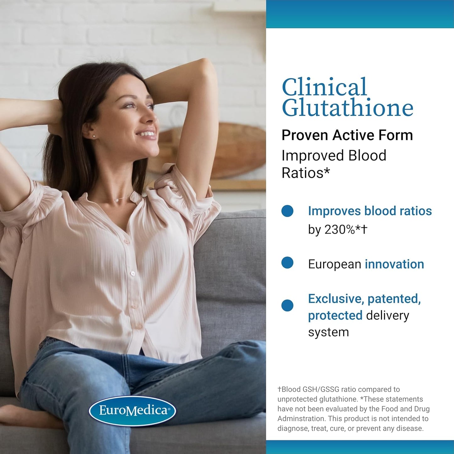 Euromedica Clinical Glutathione - High Absorption Antioxidant Supplement with L-Glutathione - Vegan Cell Health Support - 60 Slow Melt Tablets