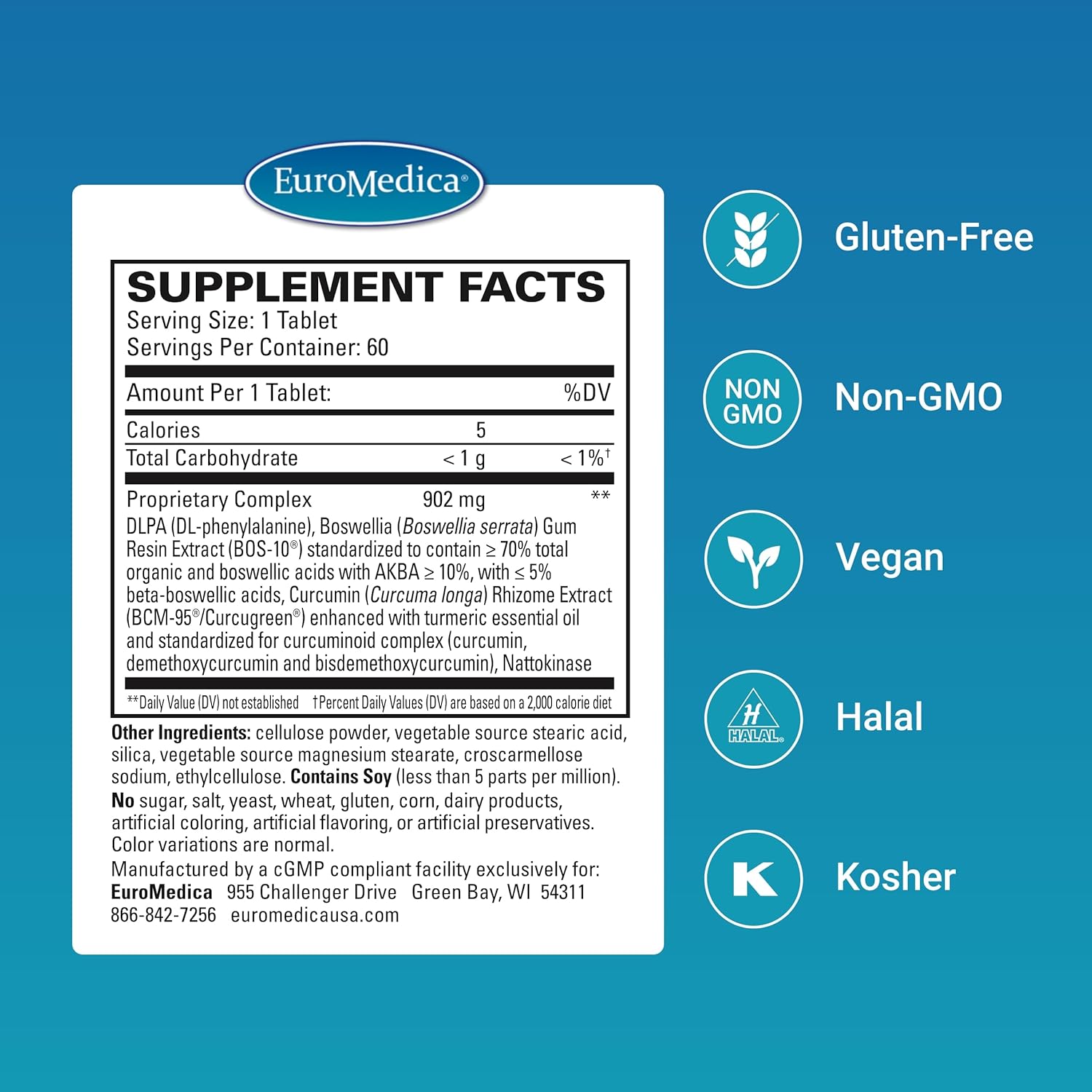 Euromedica Curaphen Extra Strength Tablets - Professional Pain Relief Formula with Curcumin, Boswellia, DLPA & Nattokinase - Highly Absorbable - 60 Servings