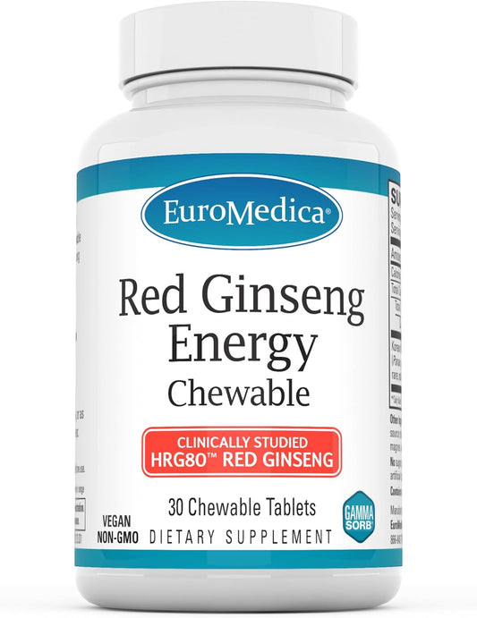 Euromedica Red Ginseng Energy Herbal Supplement - Vegan Tablets for Healthy Energy & Focus - 30 Chewable Tablets to Aid Endurance