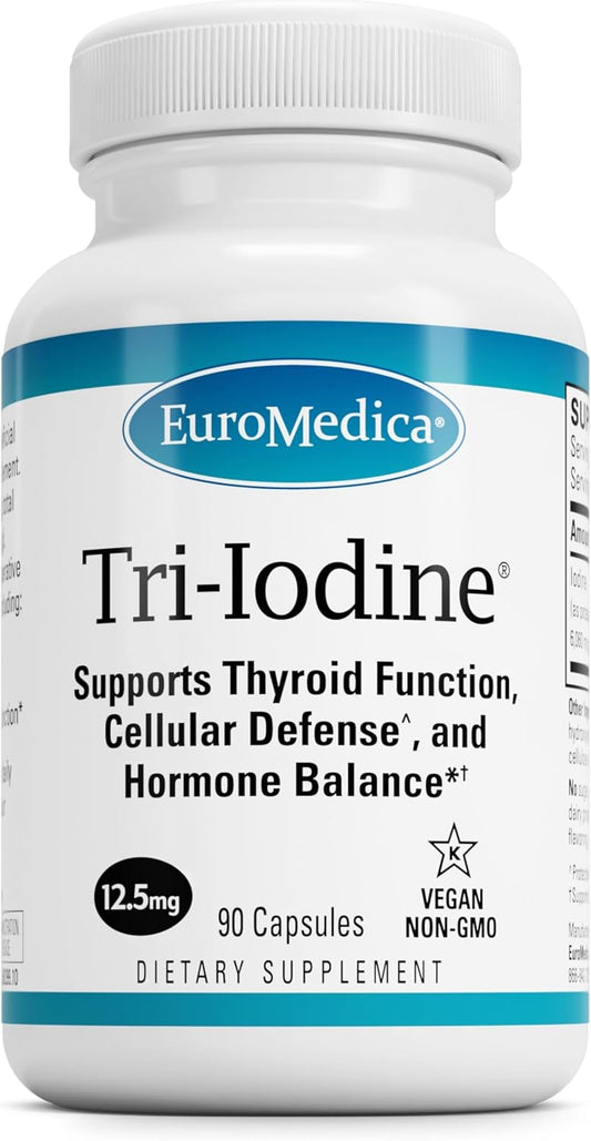 EuroMedica Tri-Iodine Capsules - Promotes Thyroid Health & Hormone Balance - Natural Iodine from Kelp - Includes Potassium Iodide & Sodium Iodide - Supports Brain Function & Energy - 12.5mg, 90 Count