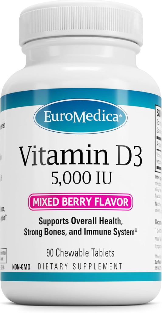 Euromedica Vitamin D3 5000 IU Chewable Tablets - Mixed Berry Flavor - Supports Bone Health, Immune System - 90 Servings