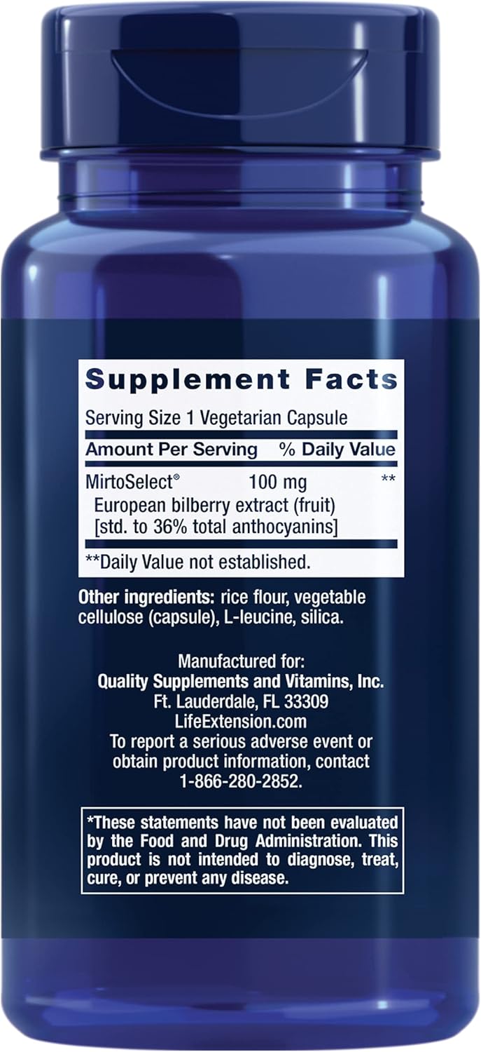 European Bilberry Extract Capsules - 100mg MirtoSelect® Vaccinium myrtillus for Eye Health, Circulation, Lubrication - 90ct, Gluten-Free, Non-GMO, Vegetarian