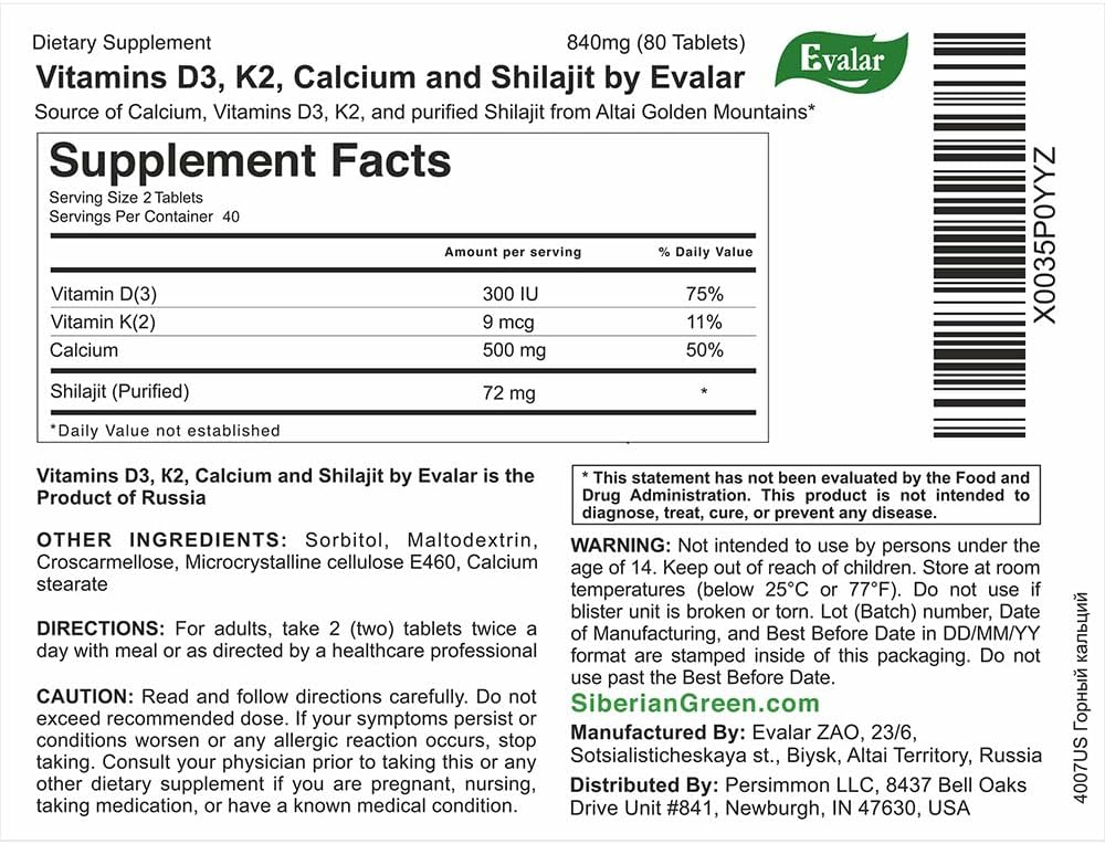 Evalar Mountain Calcium Tablets with Vitamins, Siberian Herbs, and Shilajit - 80 Count