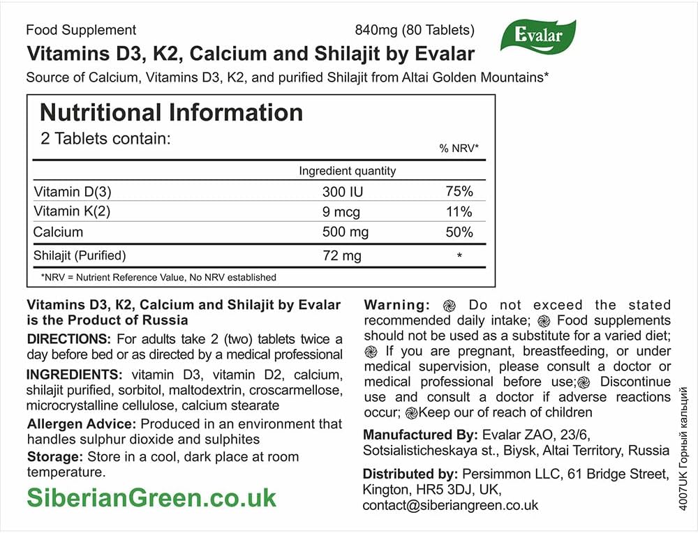 Evalar Mountain Calcium Tablets with Vitamins, Siberian Herbs, and Shilajit - 80 Count