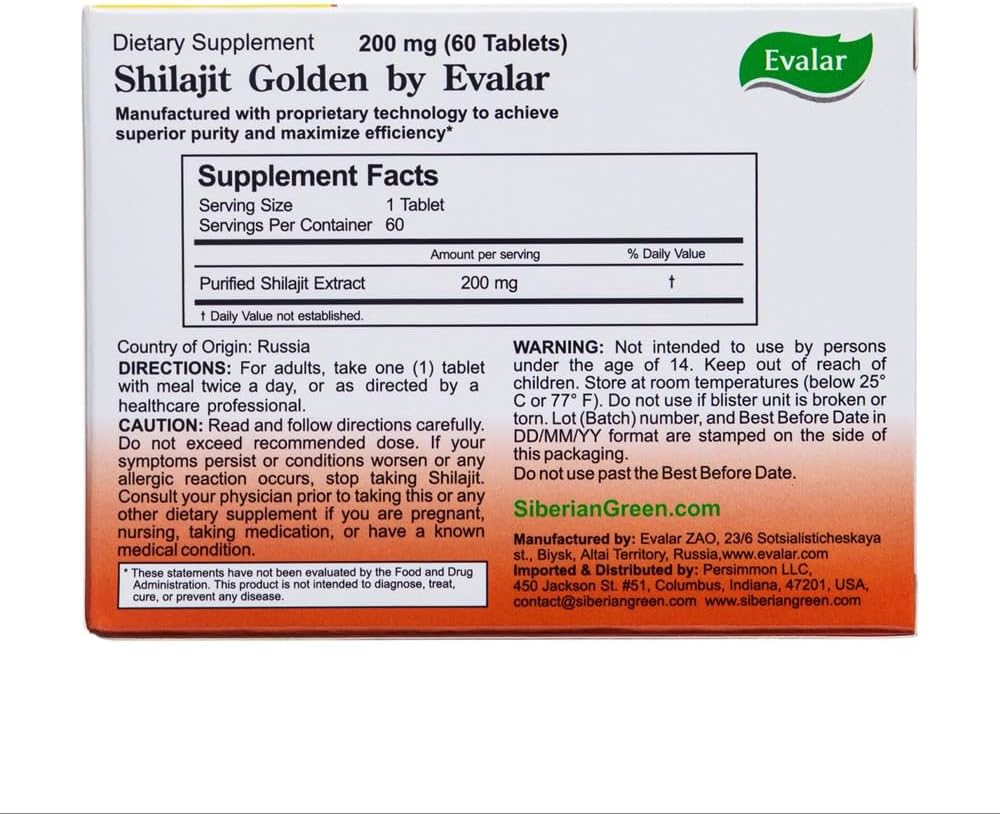 Evalar Siberian Altai Shilajit Golden Tablets - 60 Count - Natural Energy and Wellness Support
